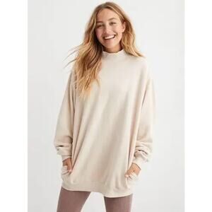 Aerie The Sweat Everyday Mock Neck Sweatshirt Cream Tan Ribbed Turtleneck M